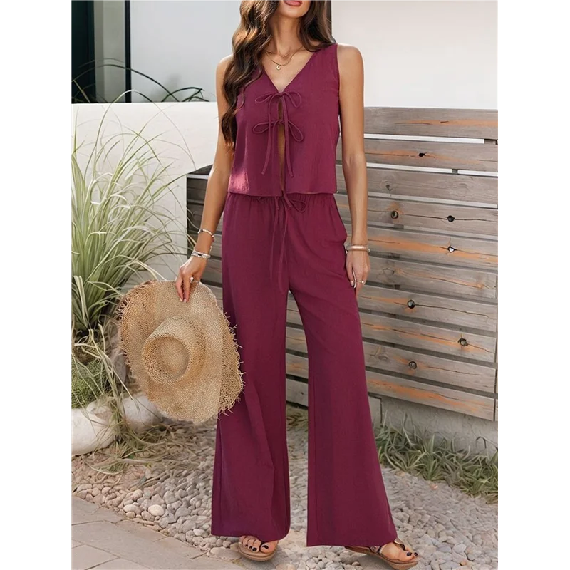 A68M-Conjunto feminino de 2 peças com decote em V e gravata na cintura e conjuntos de calças casuais de pernas largas