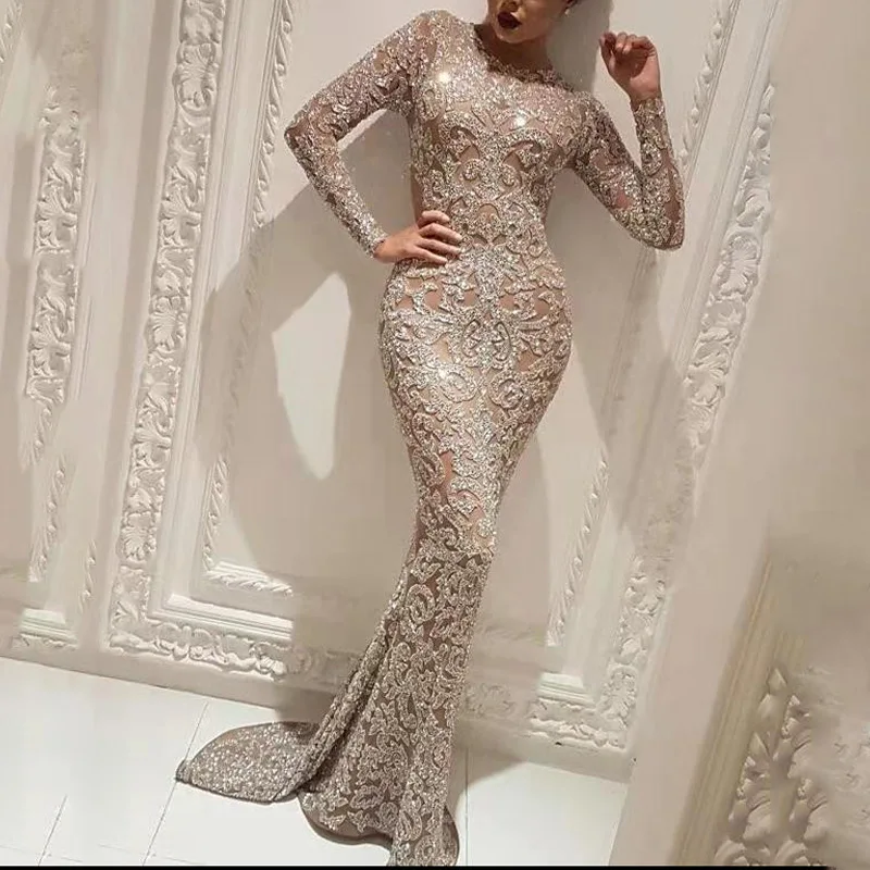 

2024 New Autumn Women's Wear Foil Hollow Waist Round Neck Embroidery Long Sleeve Slim Sexy Temperament Long Skirt Evening Dress