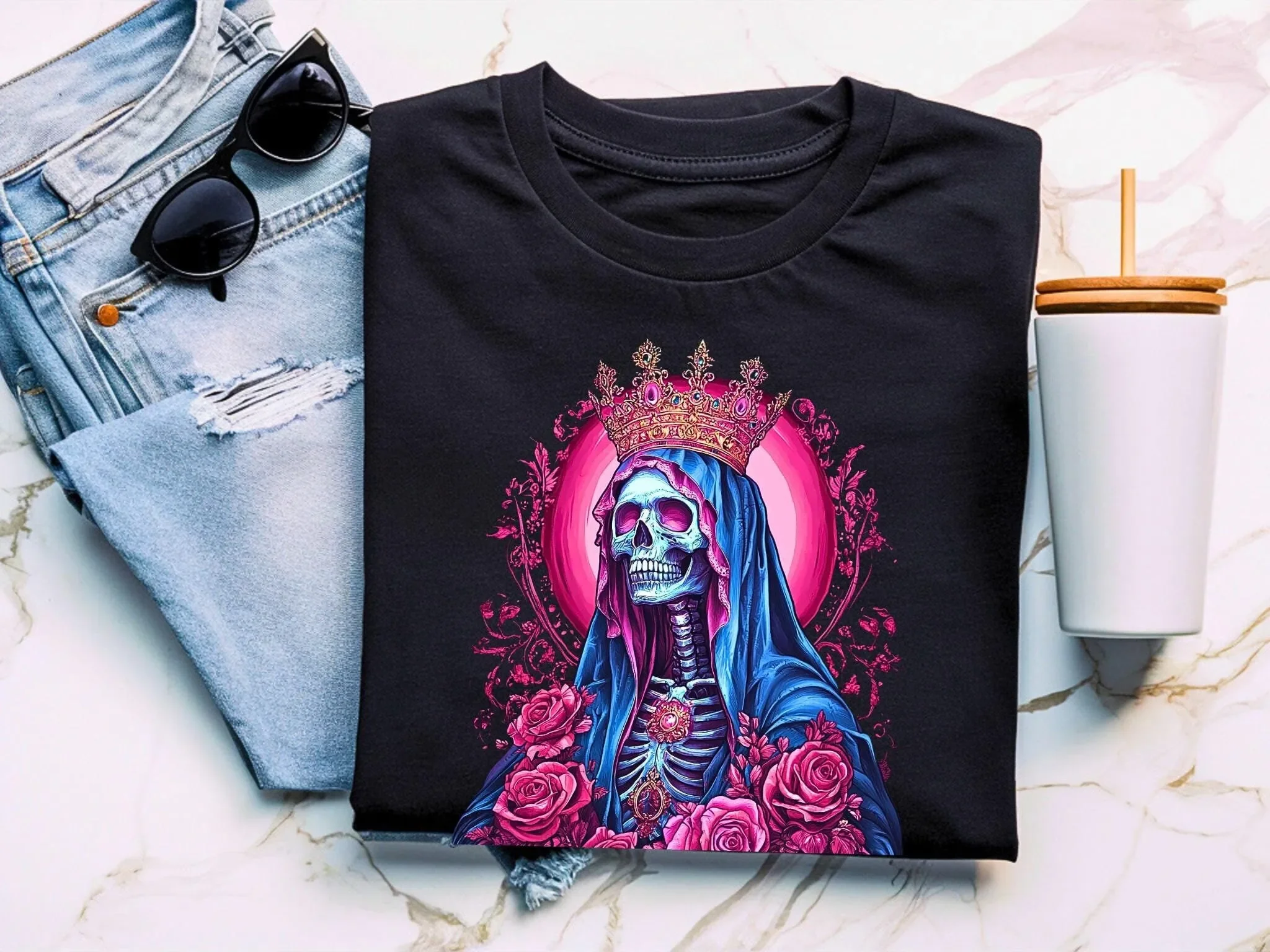 Santa Muerte T Shirt Dio De Los Muertes Holy Death Dark and Mystical Symbol of Strength Day The Dead