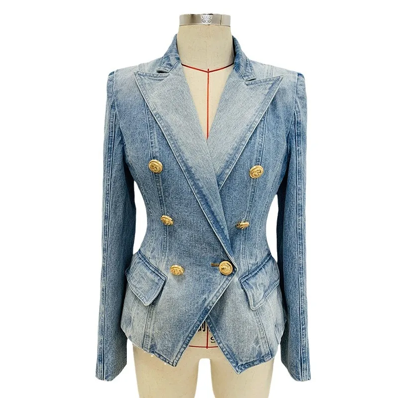 odoodem womens casual double breasted lapel collar slim denim blazer jacket