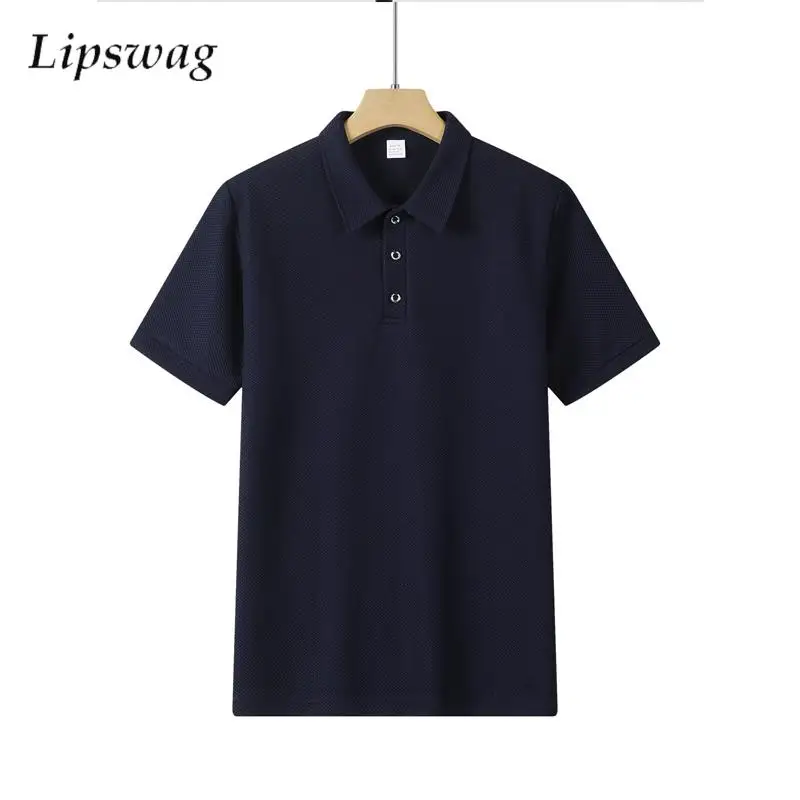 

Summer Vintage Turn-down Collar Polo Shirt Men Casual Breathable Short Sleeve Buttoned Tops Streetwear Mens Fashion Solid Polos