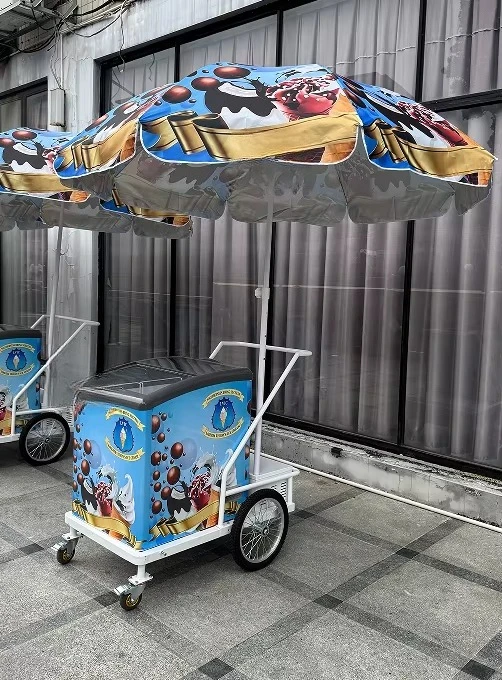 Mobiele ijs- en diepvriesproducten verkoopkar met parasol, 4-wielige straatvoedselvriezerkar te koop