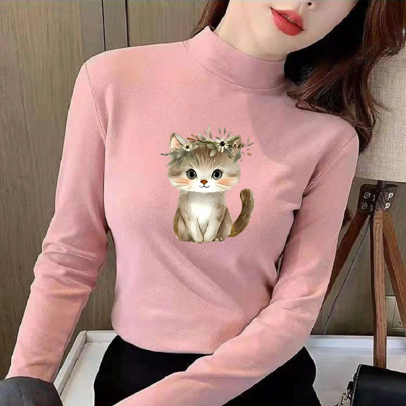 Winter Women's Thermal Brushed Fleece Half Mock Neck Long Sleeve T Shirt Cute Kitten Flower Crown Graphic Warm Tee