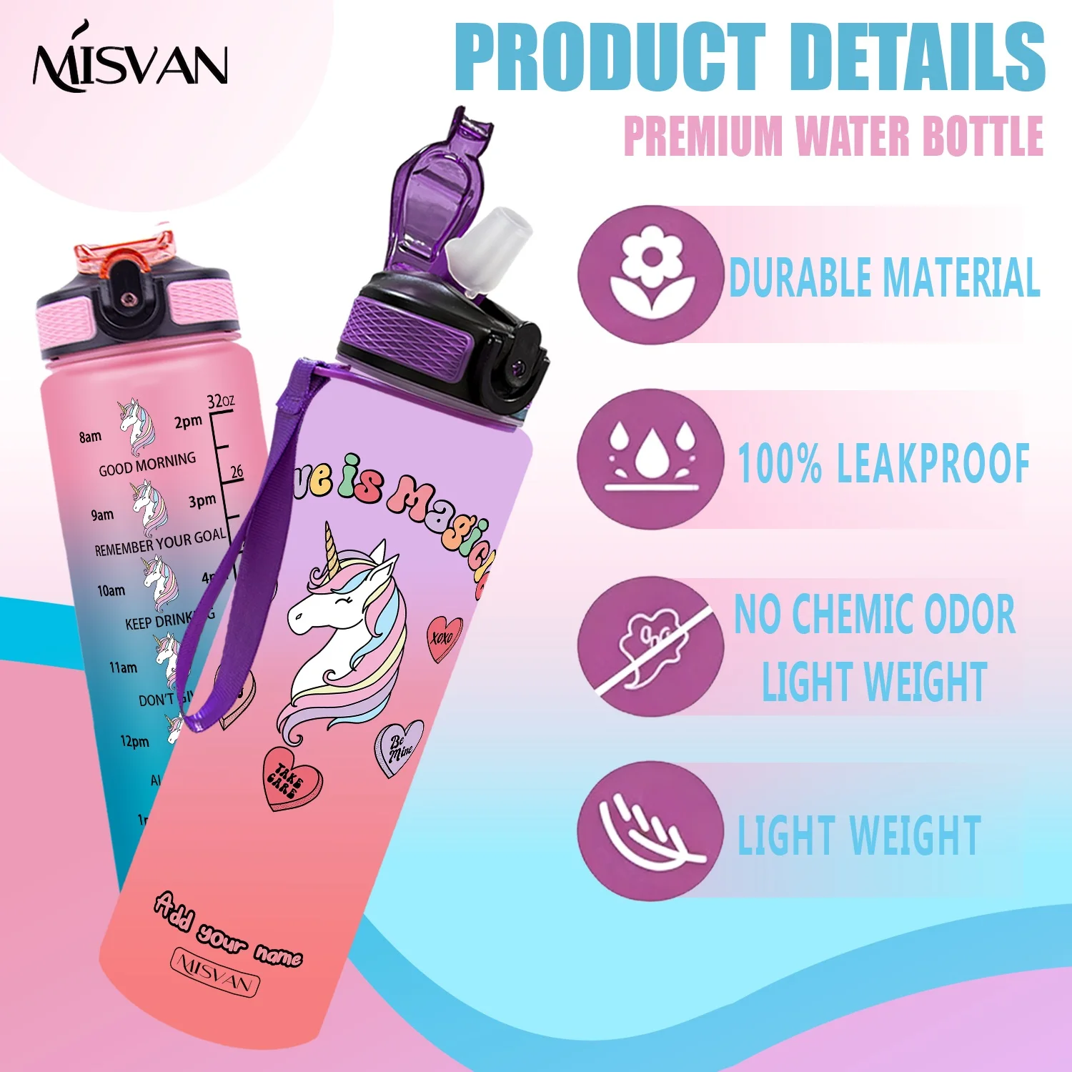 1PC, Unicorn Rainbow Mane Heart Letter Pattern ,32oz Gradient Water Bottle-Leak-Proof,HD Non-Peeling Pattern,Perfect for Sports,