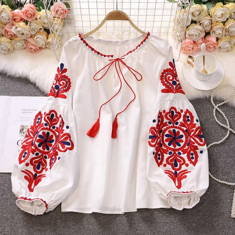 Women\'s Retro Blouse National Style Embroidered Lace-Up Tassel V-Neck Lantern Sleeve Tops Loose All-Match Female Blusa PL536