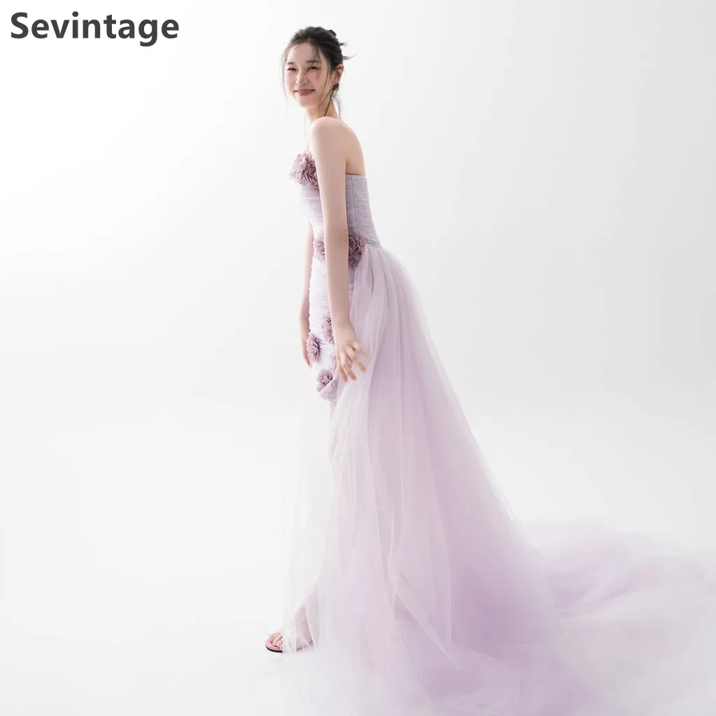 Sevintage 2025 violet clair Tulle corée robe de soirée courte fleurs faites à la main sans bretelles robe de bal mode fête Fown personnalisé