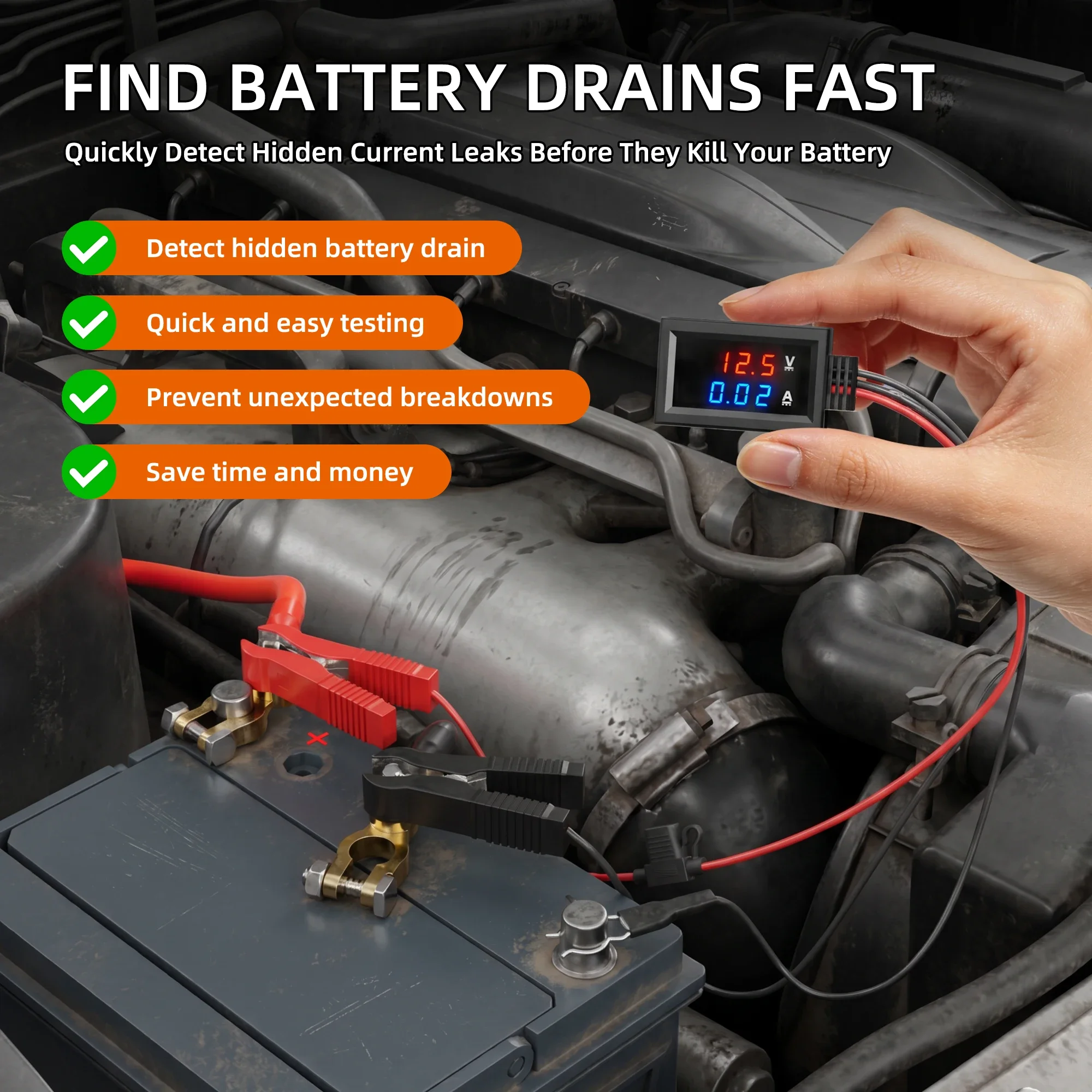 Parasitic Battery Drain Tester Car Battery Leakage Detector with Fuse Safe No-Disconnect Current Leak Finder Diagnostic Tool