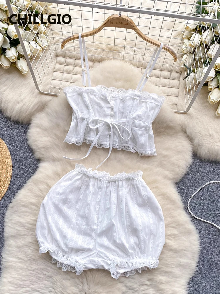 CHILLGIO Women Summer Sexy Lace Patchwork Pajamas Suits Vintage Camisole Sleepwear Erotic Hotsweet Split ShortsTwo Piece Sets