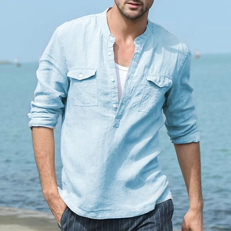 Men's Long-sleeved Shirt Cotton-blend Stand Collar Button Pullover Top Black Fashion Pocket Casual Simple Basic White Blouses