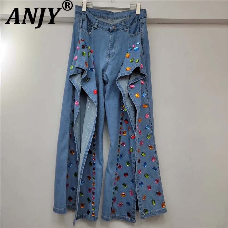 

ANJY, осенние новые женские нишевые дизайнерские свободные джинсовые брюки с рюшами по подолу, модные прямые джинсы с разрезом, украшенные бисером и бриллиантами, свободные джинсовые брюки A11569