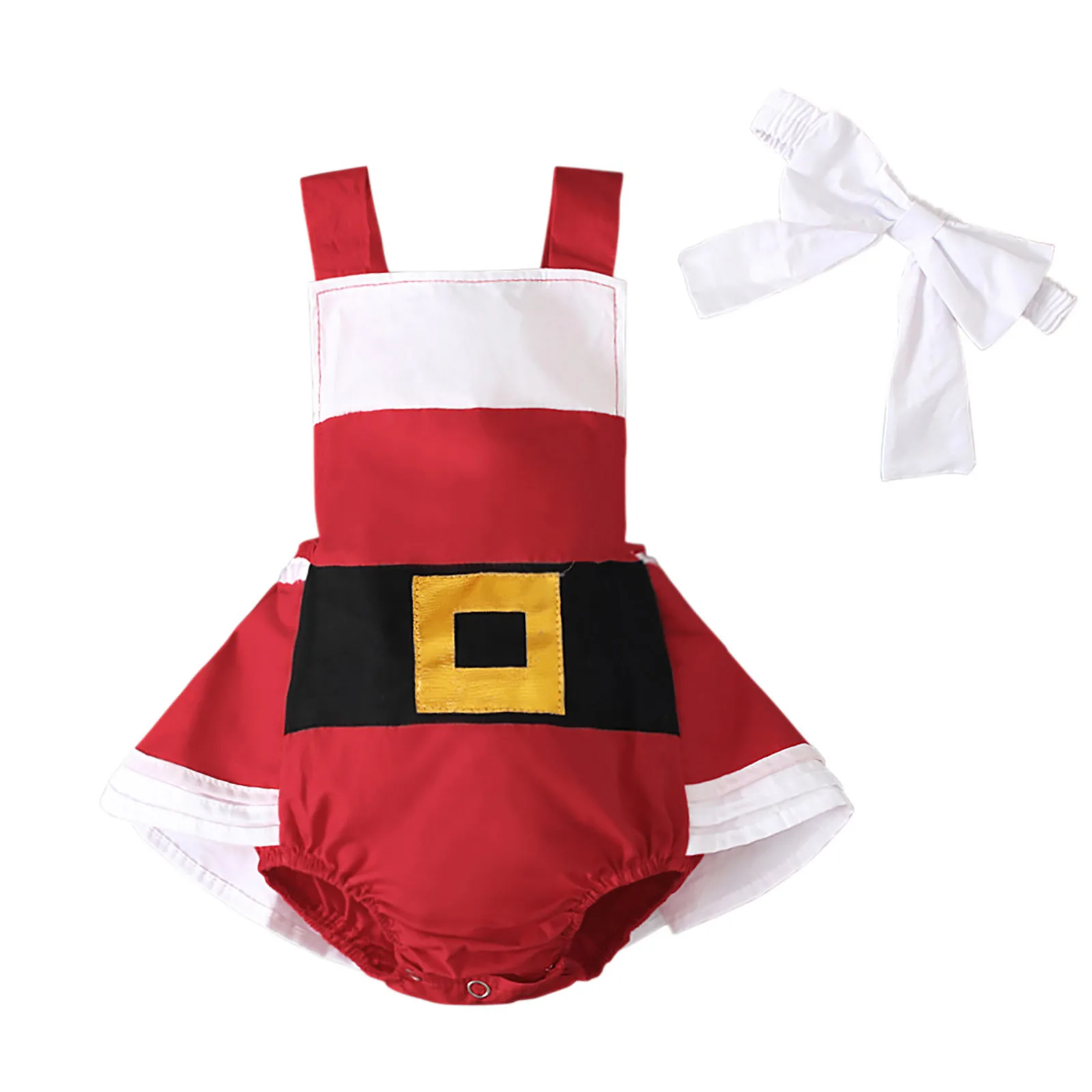 

Infant Baby Girls Santa Claus Christmas Costume Xmas New Year Party Cosplay Romper Flutter Sleeve Ruffle Bodysuit with Headband