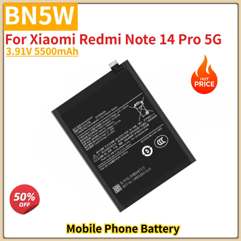 

BN5W High Quality Phone Battery 3.91V 5500mAh For Xiaomi Redmi Note 14 Pro 5G Brand New Replacement Battery