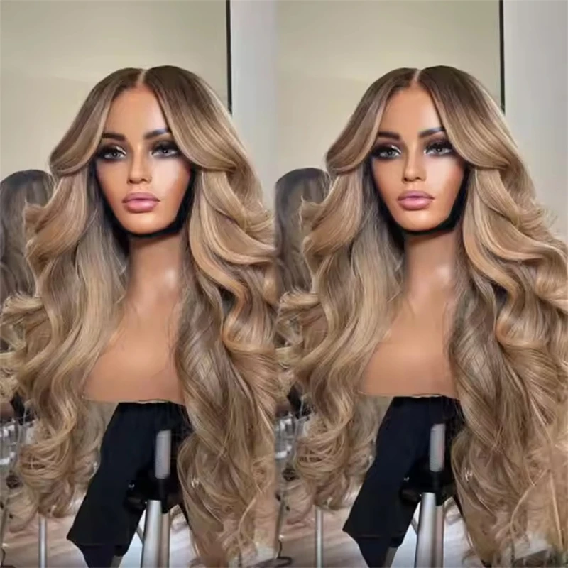 

Женский модный парик омбре, теплый коричнево-русый, с HD-кружевом спереди, с возможностью свободной расчески, синтетический, термостойкий, длинный, с эффектом волн