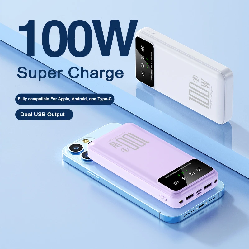 100W Fast Charging PowerBank 20000mAh Portable Power Bank 2 USB PoverBank External Battery Charger For iPhone 15 Xiaomi Samsung