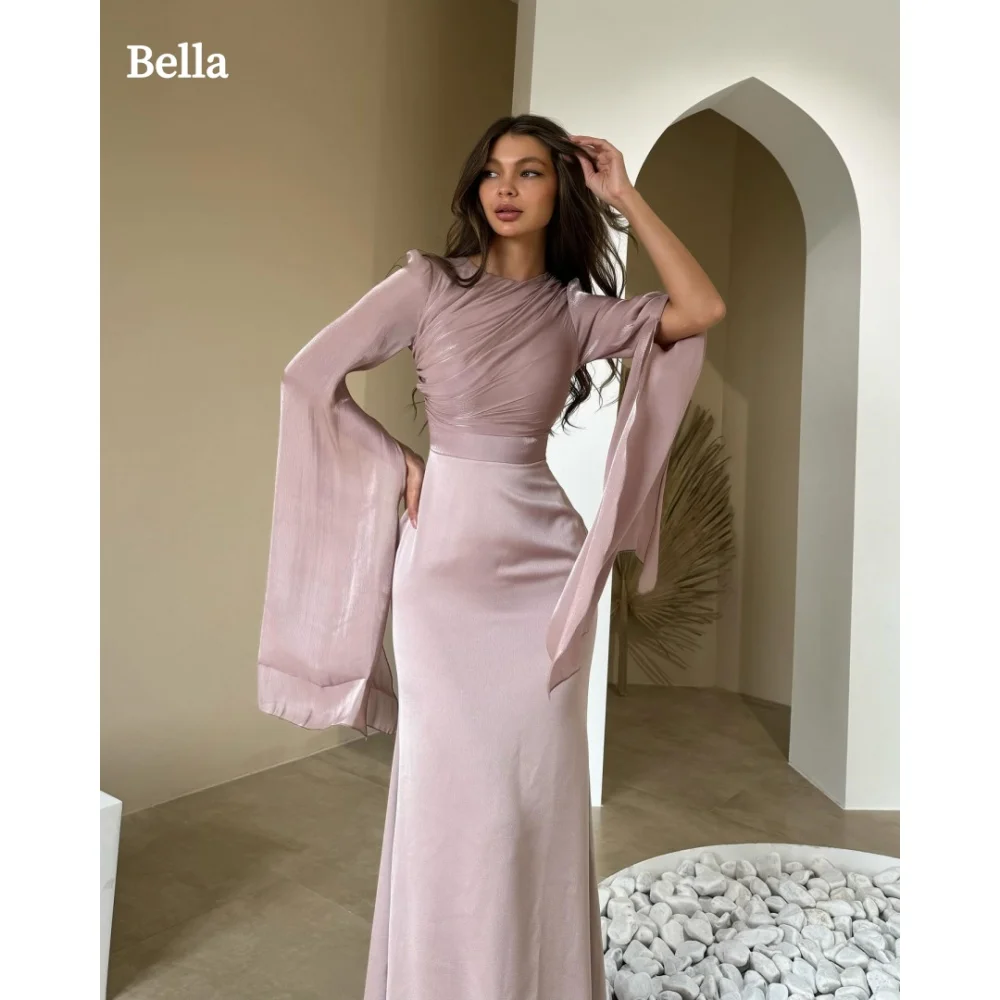 Bella Customized Pink Mermaid Pearl Chiffon Bell Sleeves robes de soirée Floor-Length Evening Dresses Prom Wedding Dress 2024