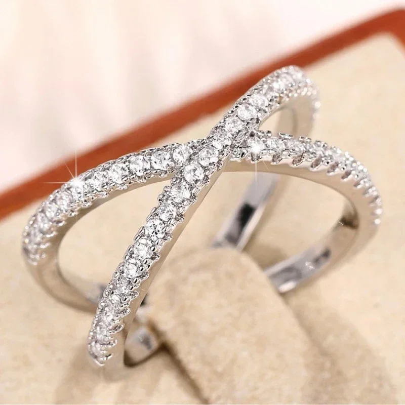 2024  Simple Stylish Cross Shape Cubic Zirconia Rings for Women Fashon Female Finger Accessory Wedding Bands Statement Jewelry