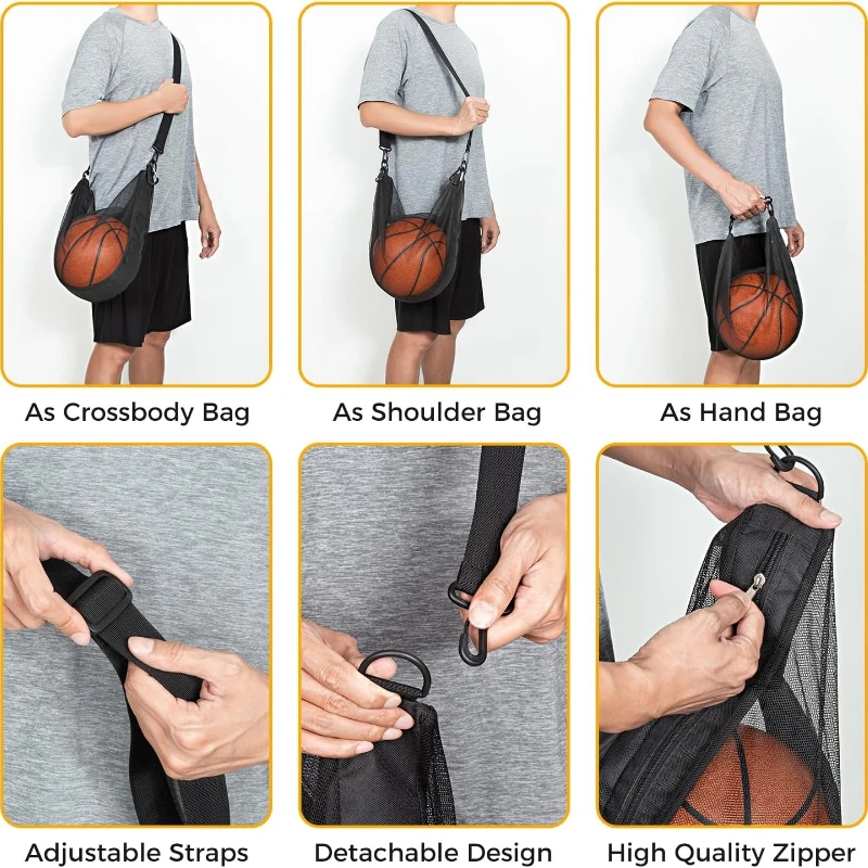 Reißfeste Netz-Balltasche für Einzelbälle, passend für Basketball, Fußball, Volleyball, Umhängetasche mit verstellbarem Riemen und Reißverschlussfach – Detail 9