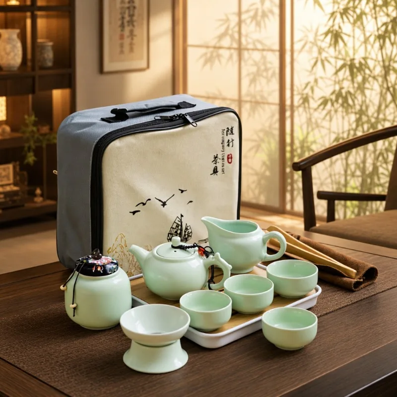Portable travel outdoor boxed set of Chinese tea sets for martial arts. Ceramic tea ware. One pot and four cups set.