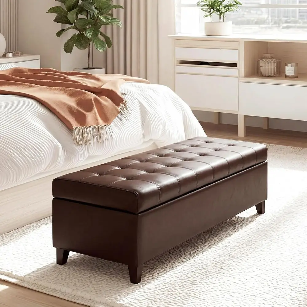 

51 Inch Brown Leather Ottoman Bench for Bedroom and Living Room Storage
