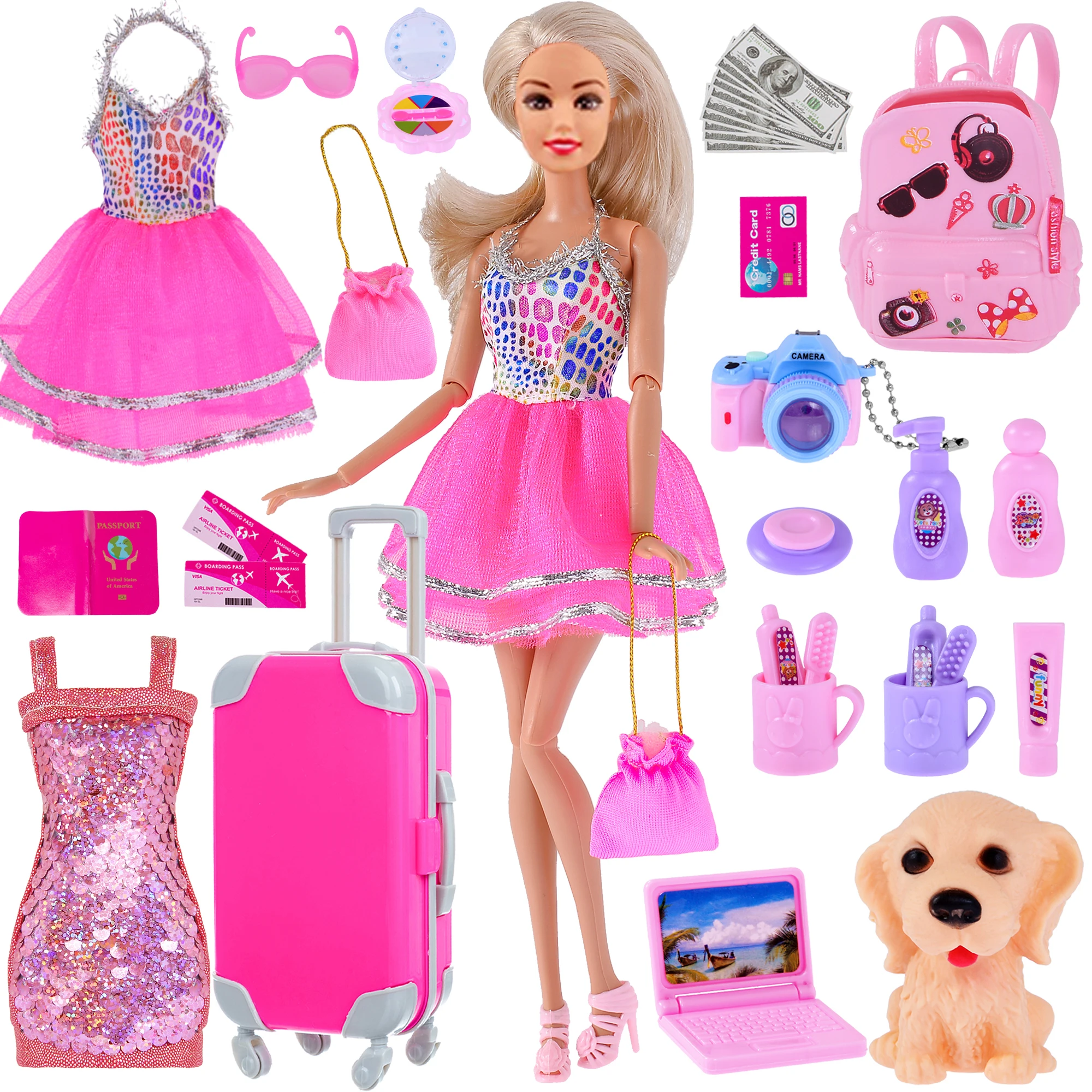 Fashion Total 35pc Doll Clothes Dress Accessories Travel Luggage Suitcase Set with Puppy for 11.5 inch Girl Dolls (No Doll)