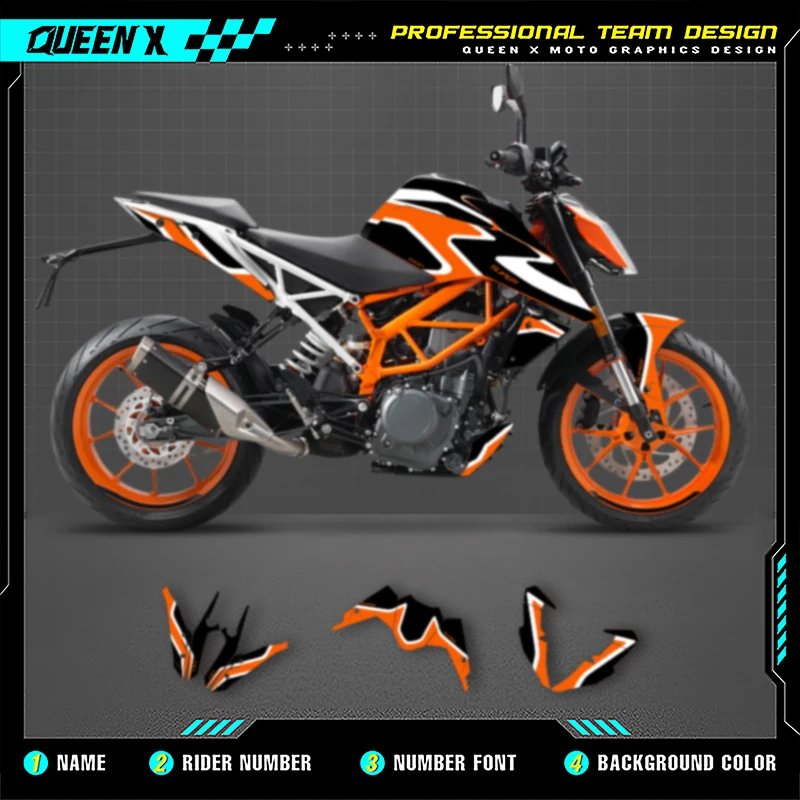 

Queen X MOTOR Graphics Decals Stickers Kits For KTM DUKE 125 390 2020 2019 2018 2017 Motorcycle Accessories Numer Name Custom14