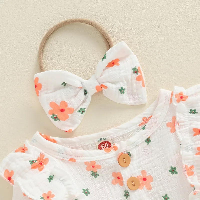 Newborn Baby Girl Bodysuit Outfit Autumn Clothes Long Sleeve Crew Neck Floral Romper with Hairband Fall Clothing