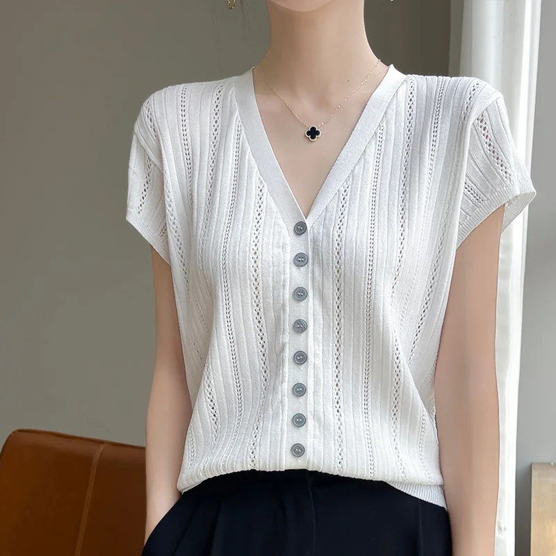 Women's T-shirt Summer Lyocell Knitted Short Sleeve Casual Solid Color Blouse Ladies' Clothes V-Neck Cardigan Tees Loose Tops