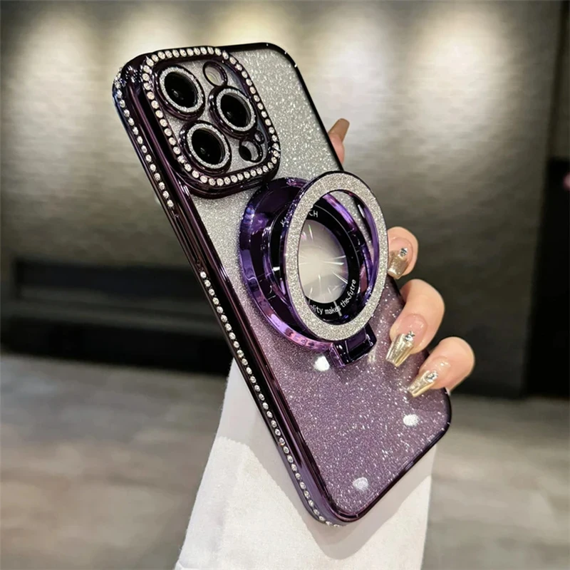 

Luxury Plating For Magnetic Stand Holder Glitter Diamond Case For iPhone 15 11 12 13 14 Pro Max Plus Cute Soft Silicone Cover