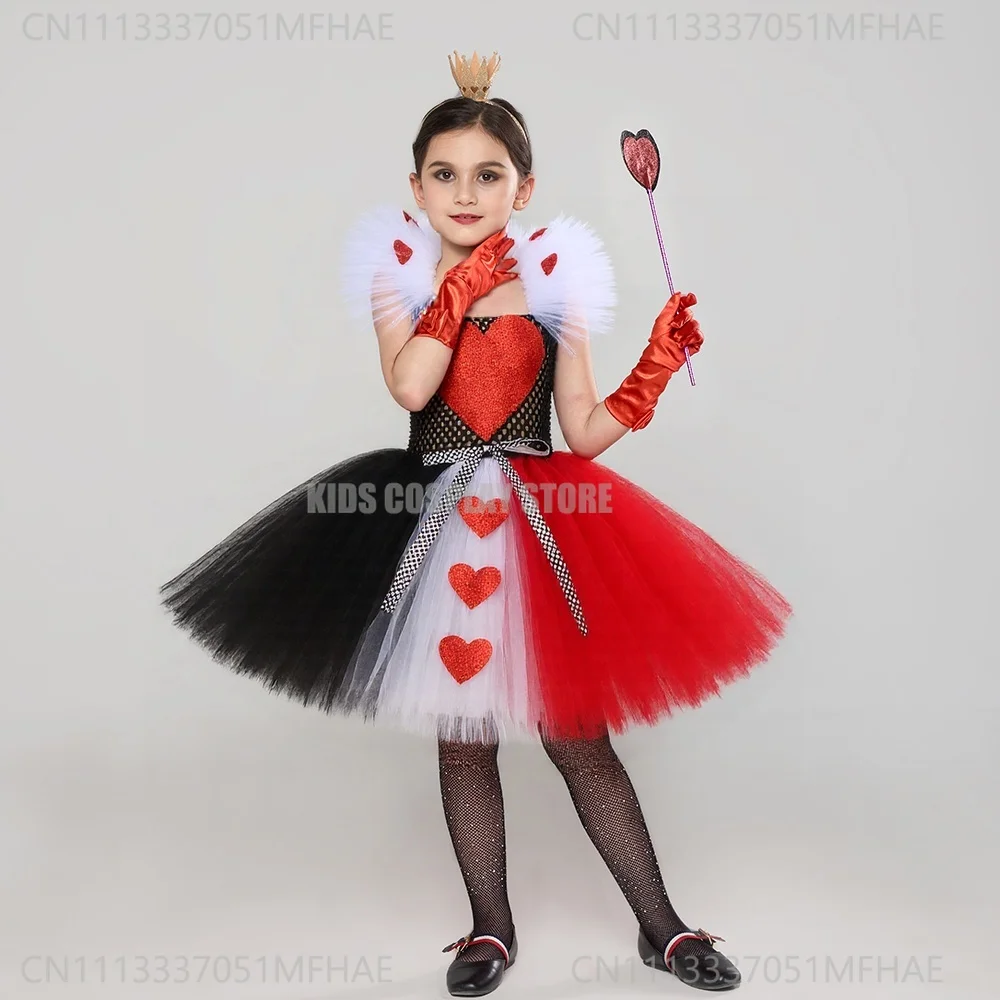 

Queen of Hearts Tutu Costume Dress Girls Alice in Wonderland Fancy Dress Kids Carnival Halloween Outfit With Crown Magic Stick