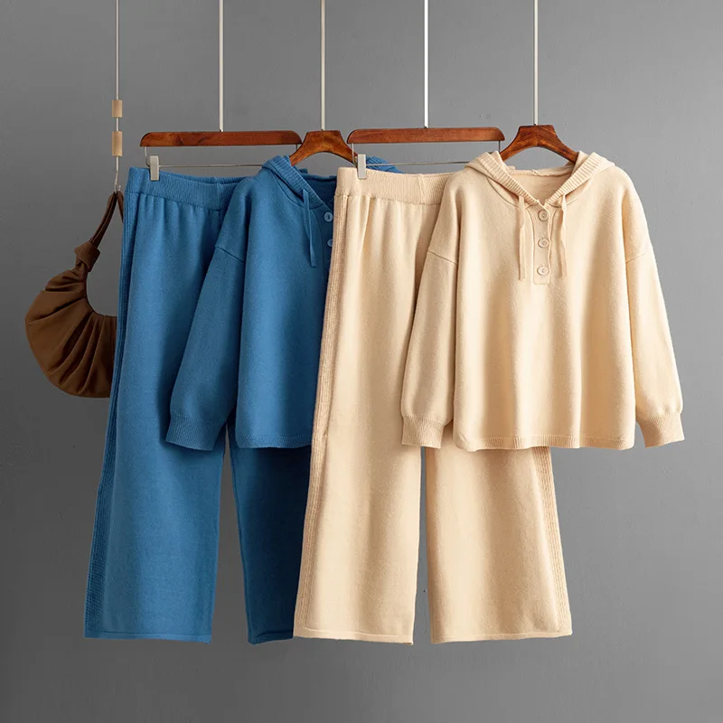 

Повседневная свободная однотонная вязаная толстовка с длинными рукавами на пуговицах + брюки с эластичной резинкой на талии, комплект из 2 предметов, новый осенне-зимний женский костюм