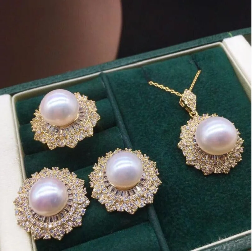 

Brilliant AAAA 9-10mm South China Sea White Earstuds Pearl Pendant Earring Set 925S-