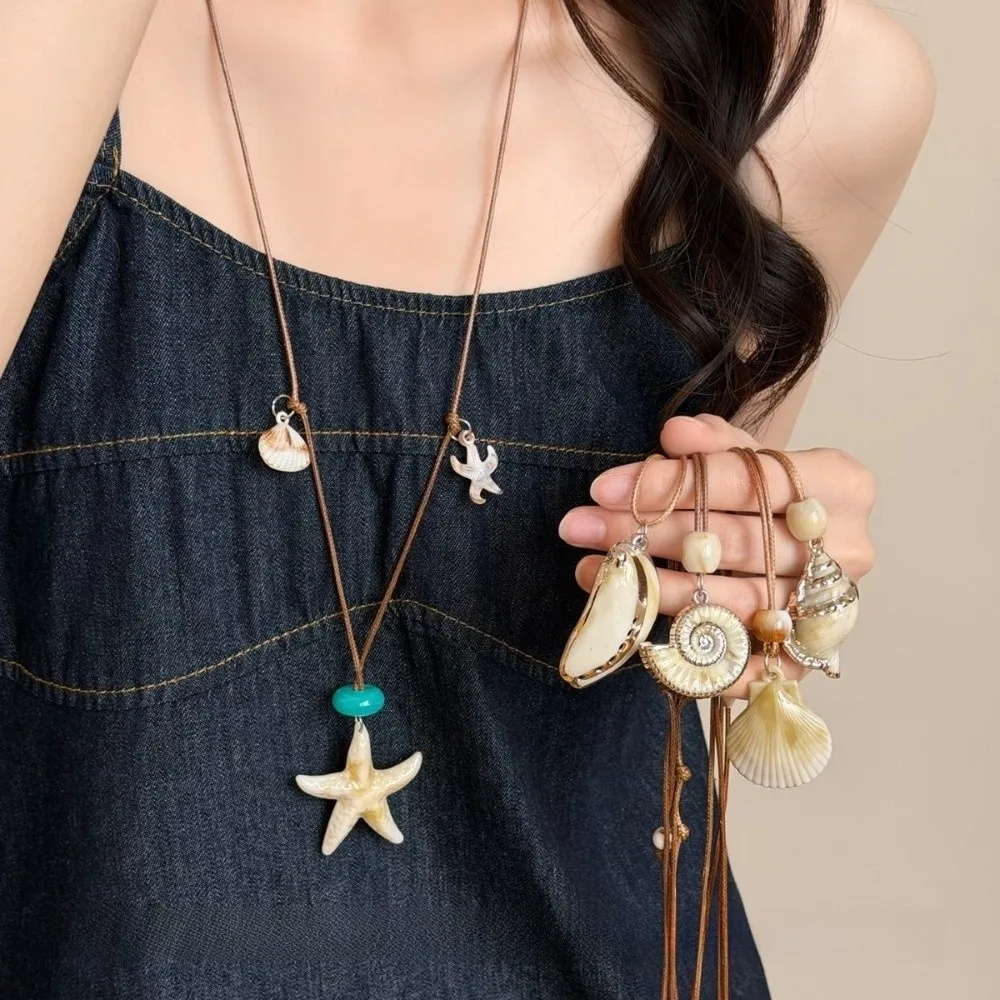 Long Adjustable Shell Pendant Necklace Wax Rope Conch Design Starfish Clavicle Chain Trendy Style Resin Bohemian Beaded Necklace