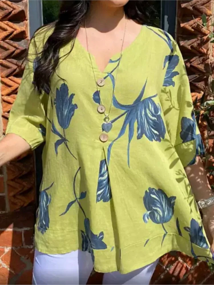 

Повседневный модный топ с цветочным принтом для женщин, летние рукава с семью пуговицами, дизайн пуговиц, свободная рубашка, женские универсальные блузки с v-образным вырезом