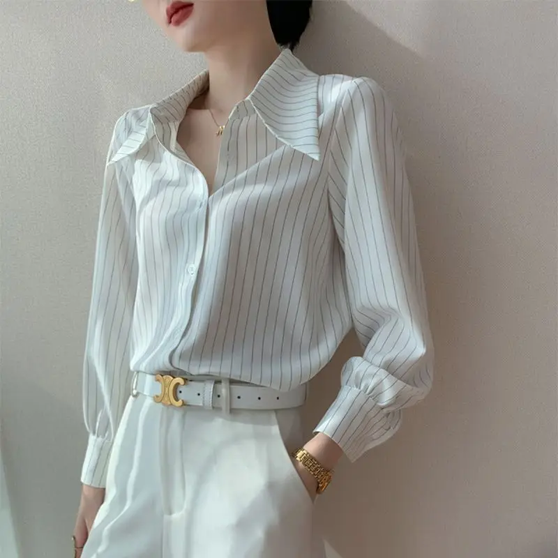 Autumn New Fashionable Casual Versatile Striped Long Sleeved Shirt Original Design Elegant Vintage Loose Popular Women\'s Clothes