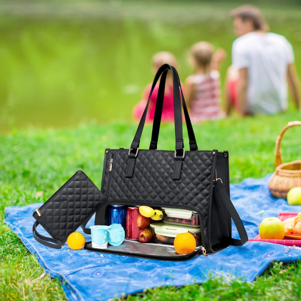 Women Business Lunch Bag Multi-Function Quilted Handbag with Purse Multi-Compartment Large Capacity for Camping Picnic