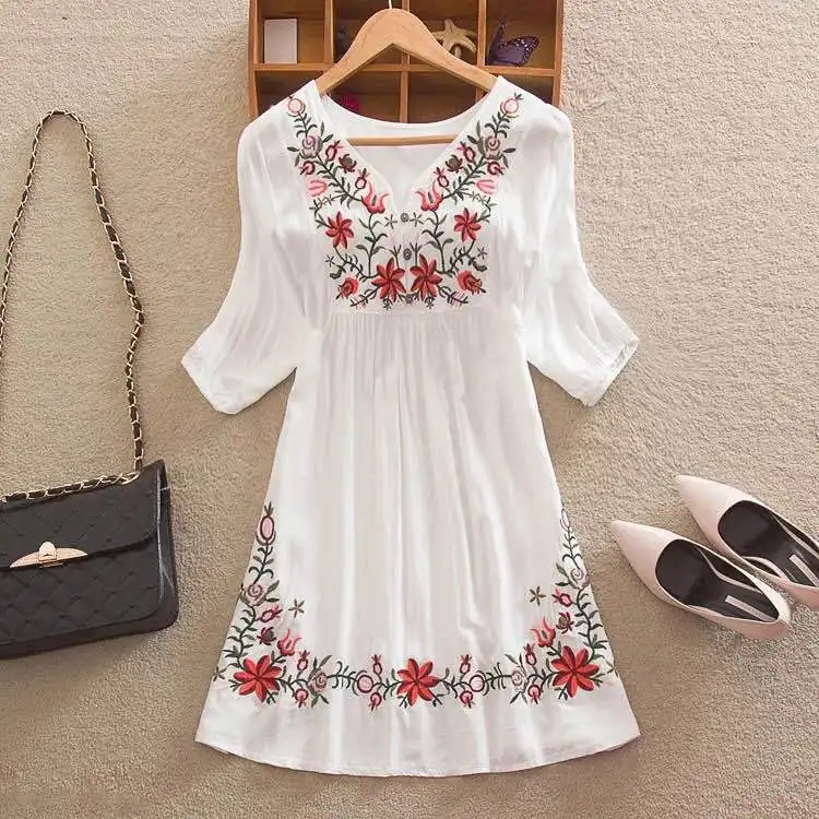 Summer Women Mexican Embroidered Floral Peasant Blouse Vintage Ethnic Tunic Boho Hippie Clothes Tops Blusa Feminina