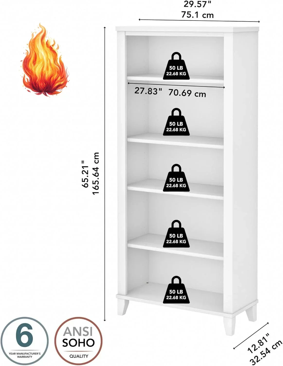 

Furniture Somerset 5 Shelf Bookcase in White, Tall Bookshelf, Large Book Shelf for Living Room, Home Office, or Entryway