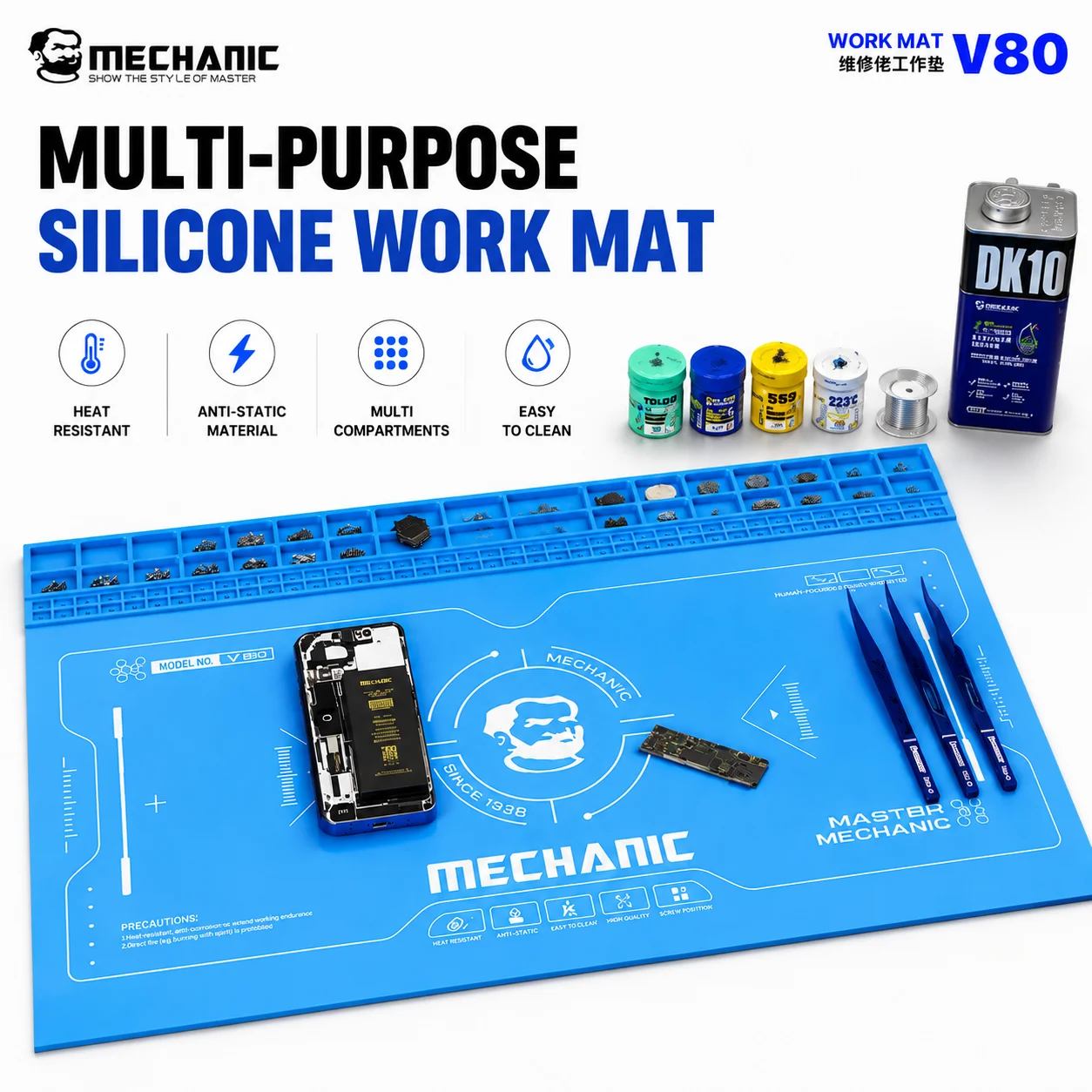 MECHANIC V80 Silicone Soldering Work Mat Heat Resistant Pad with Parts Storage Slots for Phone Motherboard Repair