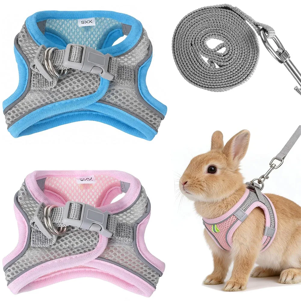 

Bunny Harness Leash Set, Escape-Proof Soft Vest for Rabbit, Kitten, Puppy, Guinea Pig Pink and Blue（2PCS）