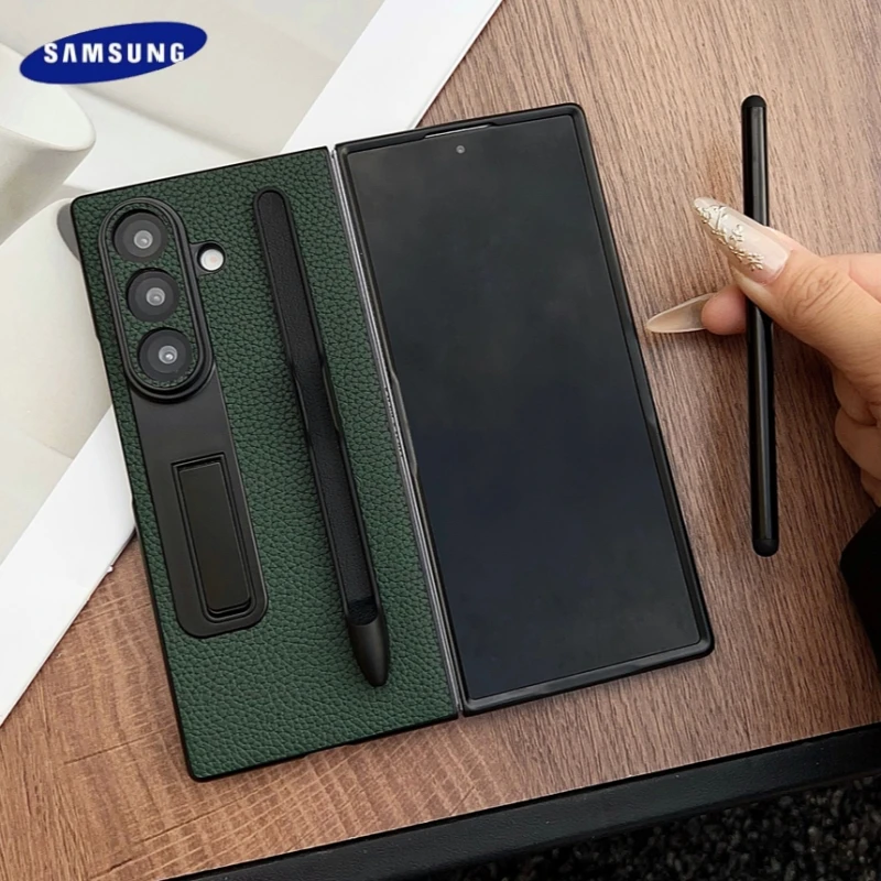 Funda con textura de lichi a la moda con ranura para bolígrafo para Samsung Galaxy Z Fold 7 6 5 PU, funda con patrón de cuero mate, funda de lujo a prueba de golpes