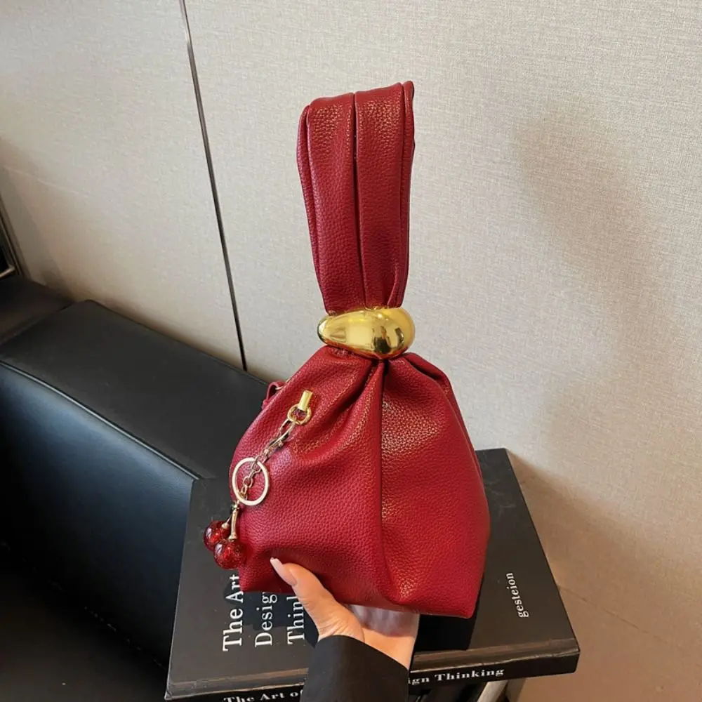 

Solid color Lichee Pattern PU Clutch Bag Large Capacity Cherry Pendant Party Evening Bag Coin Pouch Handbag Pleated Bucket Bag