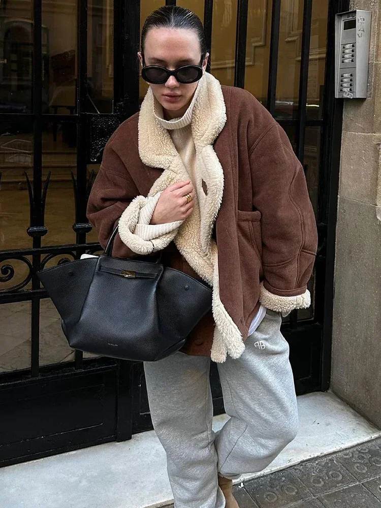 2505 جديد الشتاء سترة دافئة للنساء الشارع عادية فضفاض جيب المرقعة التلبيب سترة فام أنيقة خمر الجلد المدبوغ معاطف #1