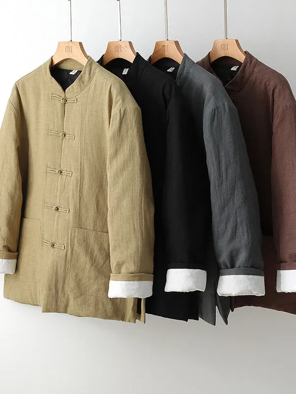 

Мужская хлопково-льняная куртка в стиле ретро, традиционный китайский костюм Ханьфу Тан, утепленное пальто с длинными рукавами в старинном стиле для молодежи