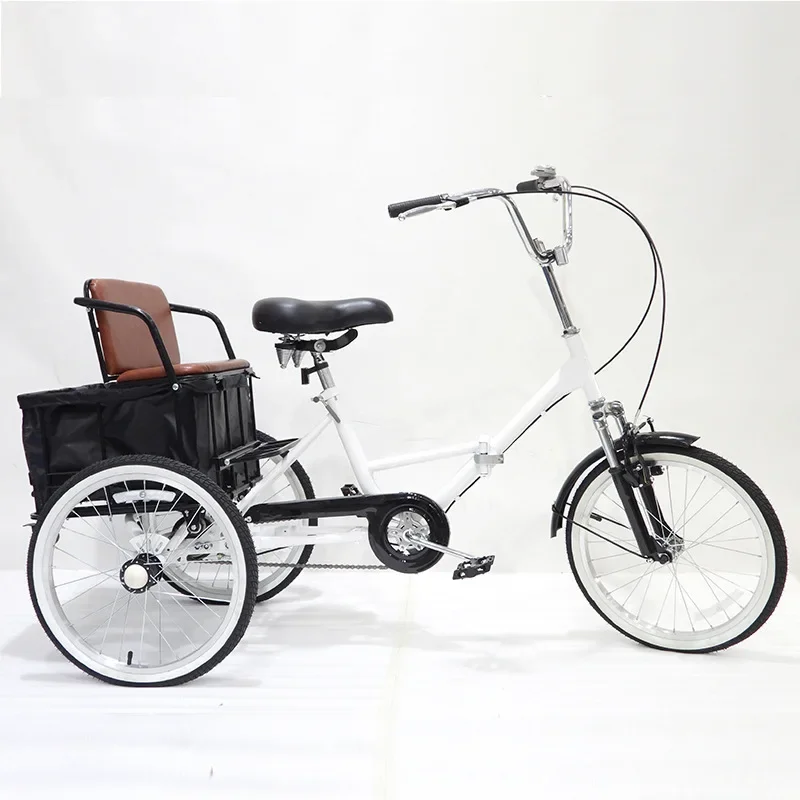 20 inch folding elderly power tricycle shock absorber front fork 3 wheel bicycle high carbon steel pedal tricycle with basket