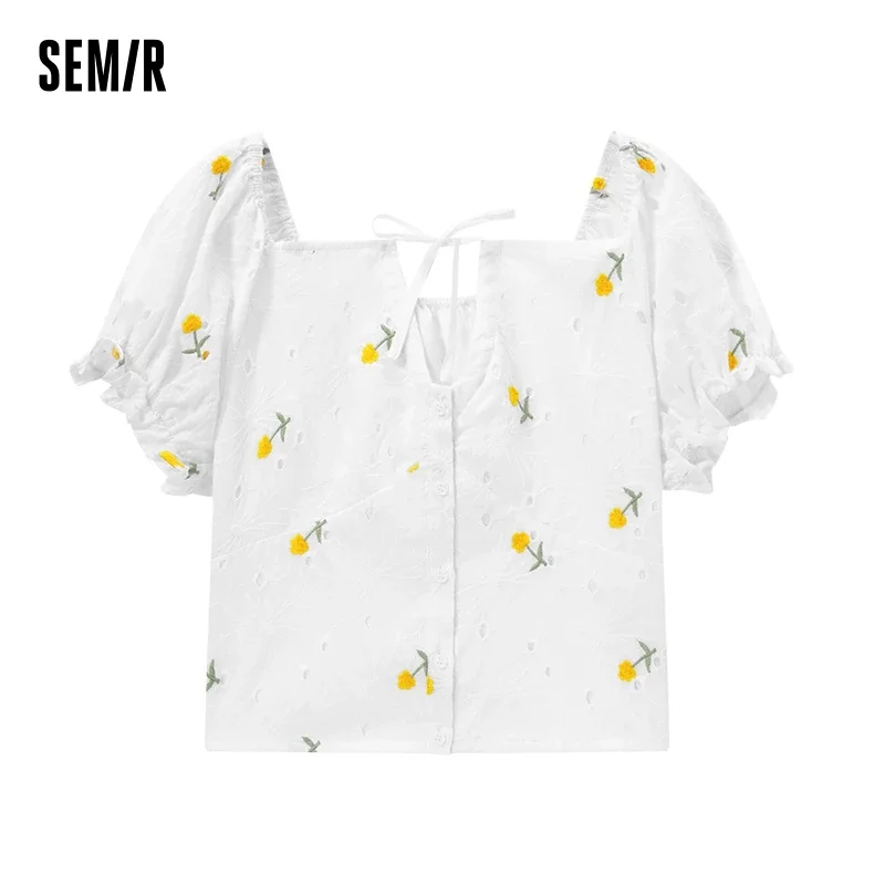 

Semir Short-Sleeved Shirt Female Short Section Hollow Embroidery Slim 2022 Summer New Texture Bubble Sleeve Muscle Shirt