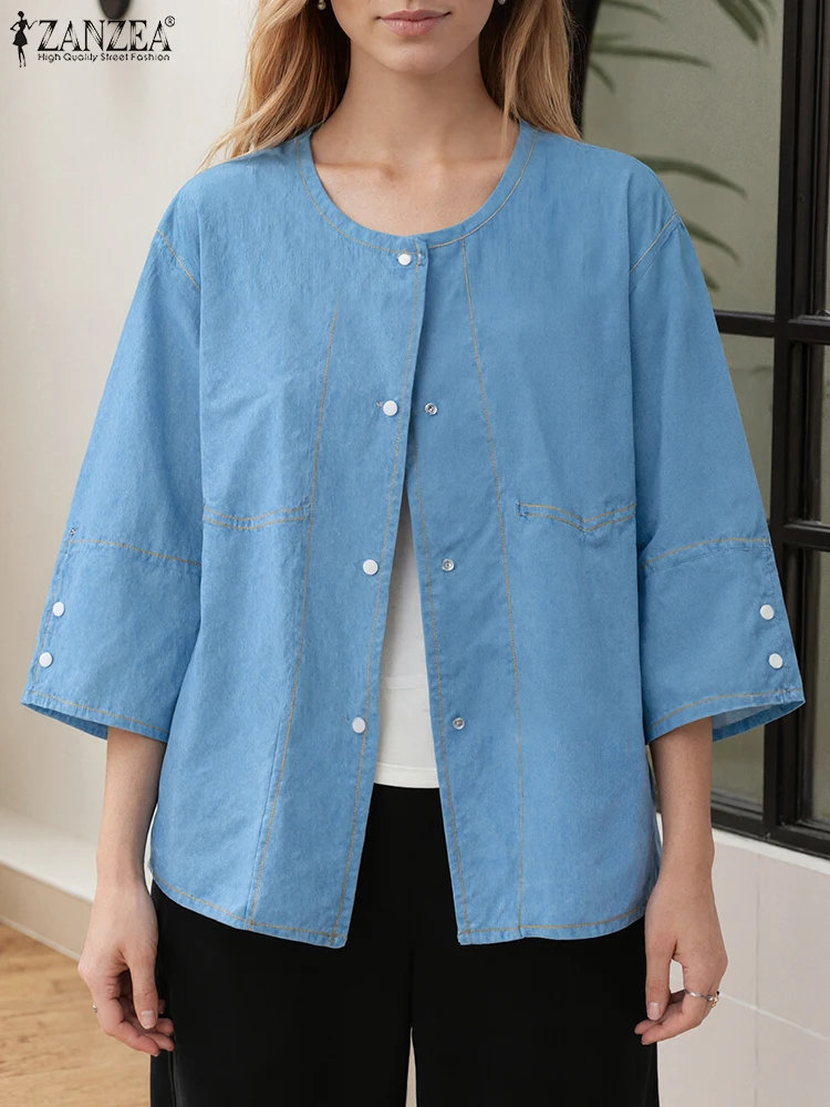 

ZANZEA, женские рубашки, кардиганы, мода 2025, модные однотонные блузки с рукавами 3/4, осенние повседневные свободные элегантные офисные топы на пуговицах