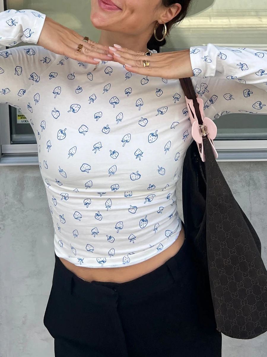 قمصان نسائية بطبعات فواكه وأكمام طويلة ورقبة دائرية وبلوزات ربيع الخريف