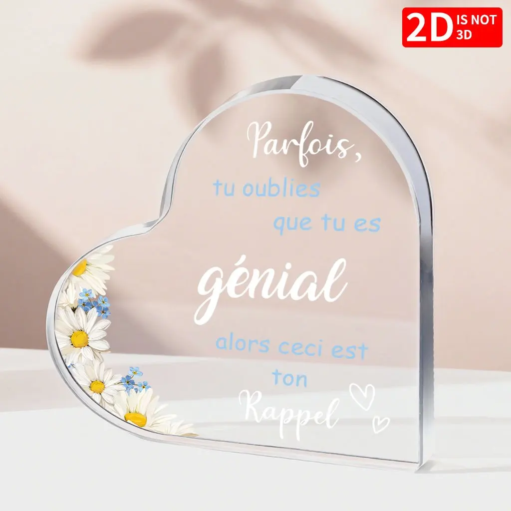 Forget Me Not Daisy,Clear Acrylic Heart Ornament Positive Encouragement French Text Floral Desk Decor