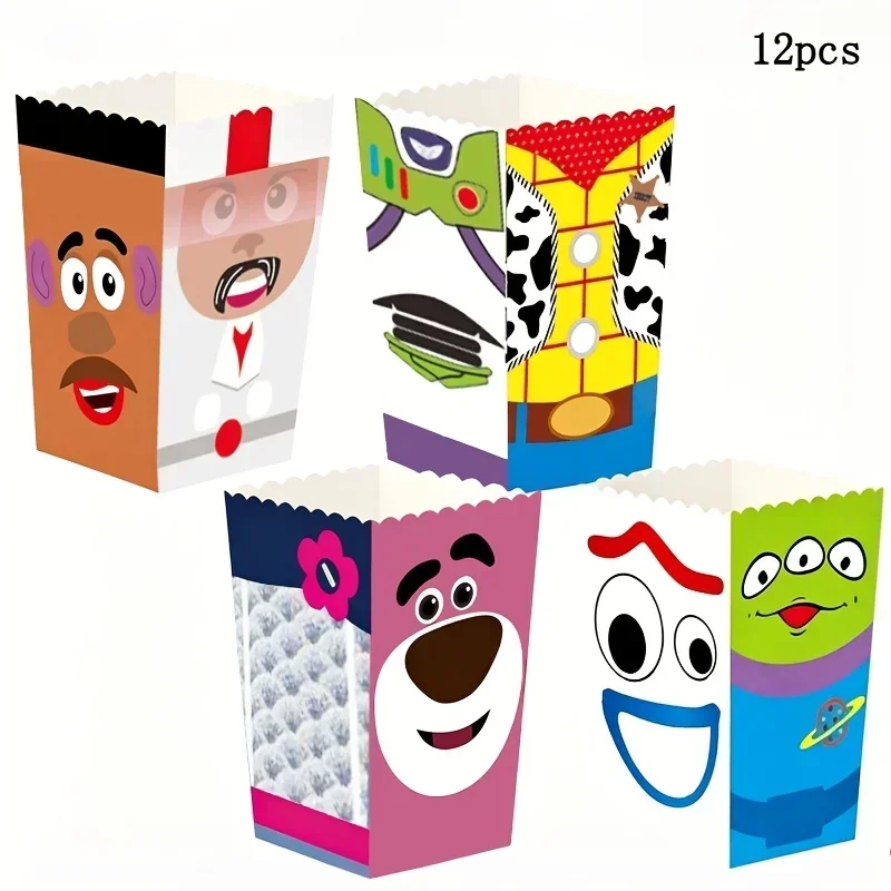 12pcs Disney Toy Story Disposable Meal Boxes That Can Hold Popcorn, Snacks, French Fries, Party Gift Packaging Boxes，Sticker