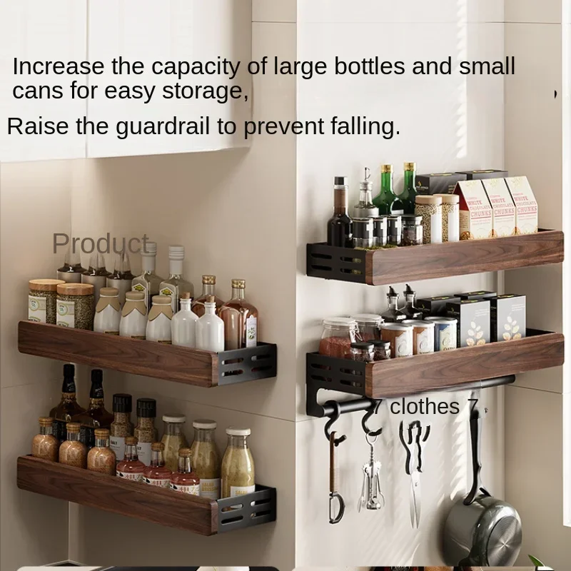 Walnut Wood Kitchen Storage Rack Wall Mounted Spice Organizer No-Drill Cloth Hanging Stand Multi-Functional Storage Shelf